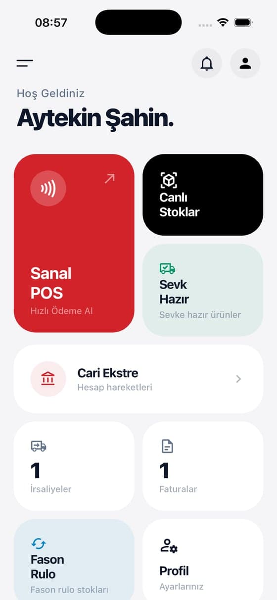 Galva Metal B2B uygulamasının telefon ana ekranı: sanal POS, canlı stoklar, sevke hazır ürünler, cari ekstre, irsaliye, fatura, fason rulo ve profil kartları