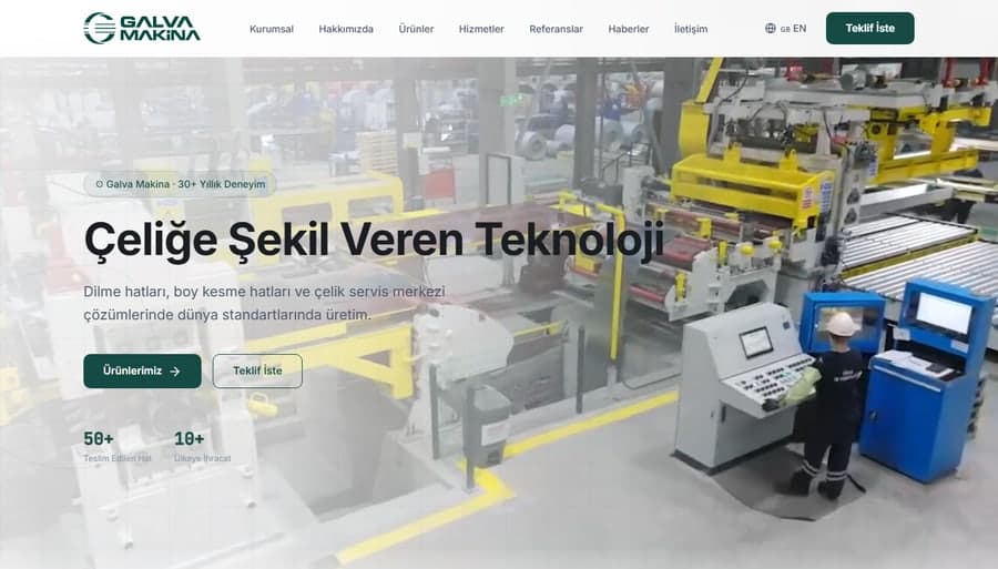 galvamakina.com ana sayfası: üst menü, “Çeliğe Şekil Veren Teknoloji” başlıklı tanıtım alanı, üretim hattı fotoğrafı ve teslim edilen hat sayısı göstergeleri