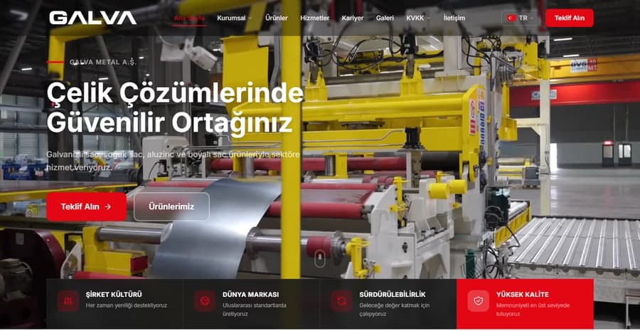 galvametal.com ana sayfası: üst menü, “Çelik Çözümlerinde Güvenilir Ortağınız” başlıklı tanıtım alanı ve şirket kültürü, dünya markası, sürdürülebilirlik, yüksek kalite şeridi